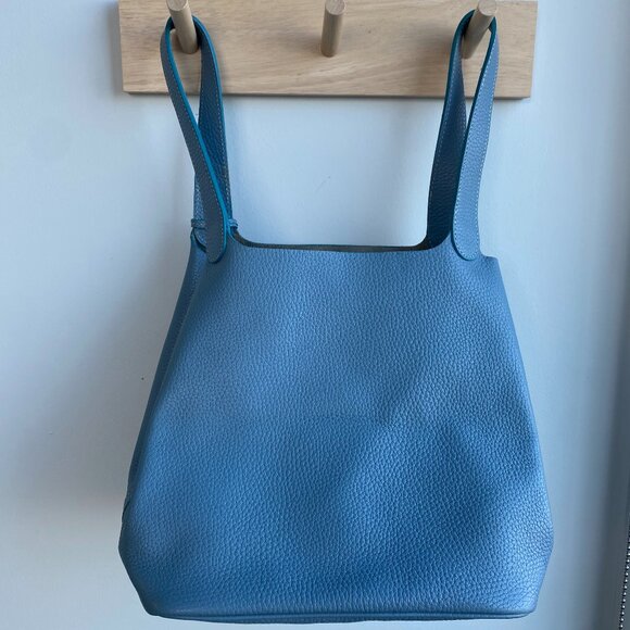 Light Blue Pebbled Leather Bucket Bag Lock Clemence Taurillon Picotin Bag - Picture 3 of 8